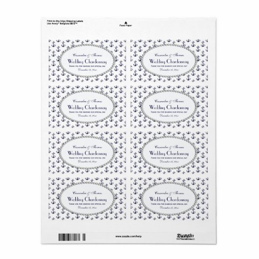 Nautical Anker Patroon Parel 2H Wijnflesje Label (Full Sheet)