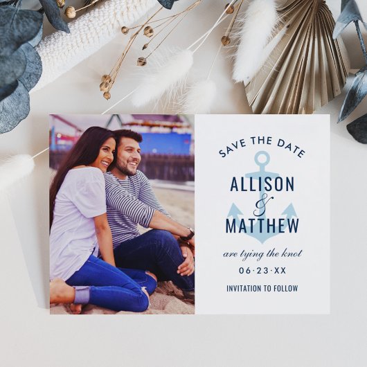 Nautical Anker Poederblauw Foto Bruiloft Save The Date
