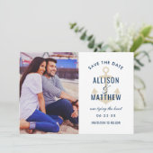 Nautical Anker Zandkleurige Foto Bruiloft Save The Date (Staand voorkant)