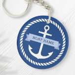Nautical ankertouwgrenzenbootnaamsleutels sleutelhanger<br><div class="desc">Acryl sleutelhanger voor uw bootsleutels met een wit nautisch anker omringd door een touwrand op een donkerblauwe achtergrond. Over het anker is een lichtblauw lintje met een sjabloon veld voor de naam van je boot.</div>