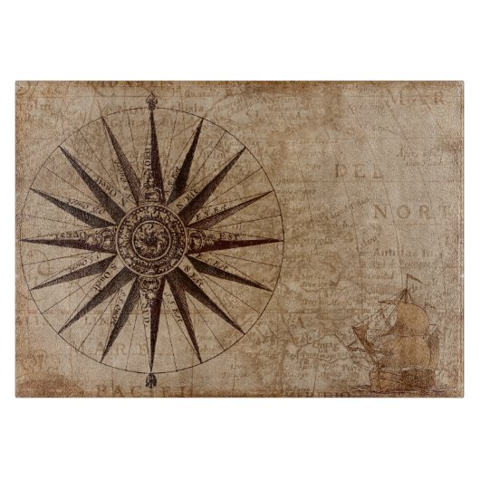 Nautical  Antiek Map Glass Cutting Board Snijplank (Voorkant)