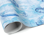 Nautical Antiek Map Zee Monsters Ship Anchor Blue Cadeaupapier (Rol Hoek)