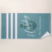Nautical Aqua Blauwgroen Blauw Anker Hubby Huwelij Strandlaken (Voorkant)