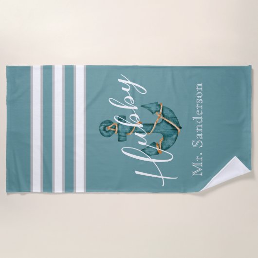 Nautical Aqua Blauwgroen Blauw Anker Hubby Huwelij Strandlaken (Voorkant)