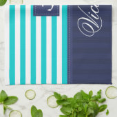 Nautical Aqua Blue Stripes Anchor Personalized Theedoek (Gevouwen)
