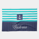 Nautical Aqua Blue Stripes Anchor Personalized Theedoek (Horizontaal)
