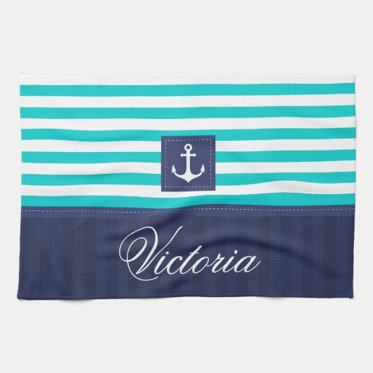Nautical Aqua Blue Stripes Anchor Personalized Theedoek (Horizontaal)