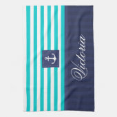 Nautical Aqua Blue Stripes Anchor Personalized Theedoek (Verticaal)