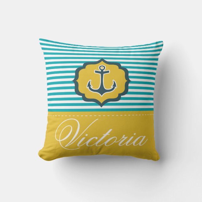 Nautical Aqua Blue Yellow Stripes Anker Custom Kussen (Voorkant)