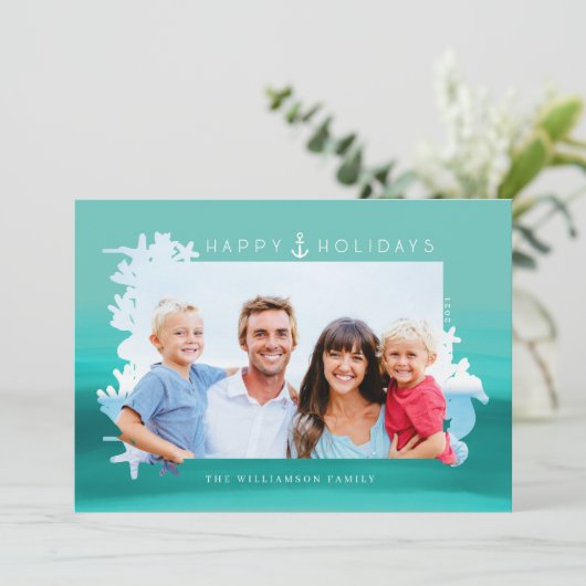 Nautical Aqua Prettige feestdagen Ocean Photo Lijs Feestdagenkaart (Staand voorkant)