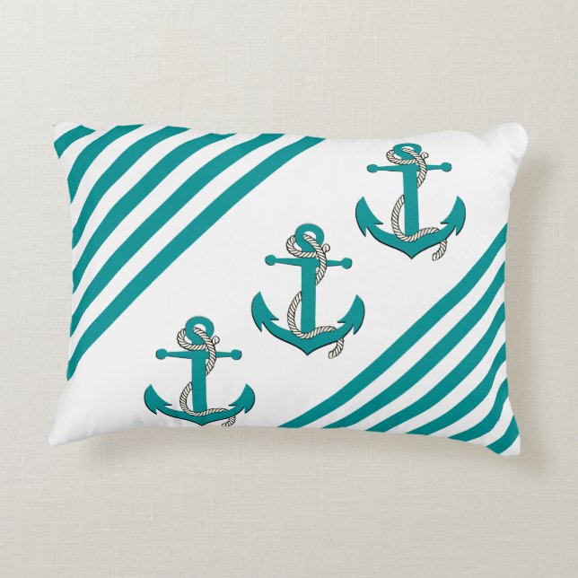 Nautical Aqua Ship/Boat Anchor/knot/Aqua stripes Accent Kussen (Achterkant)