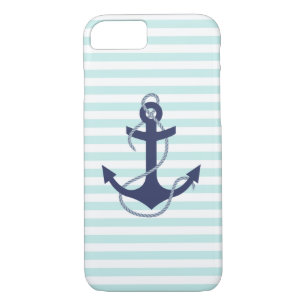 Nautical Aqua & White Stripes Navy Blue Anchor Case-Mate iPhone Case