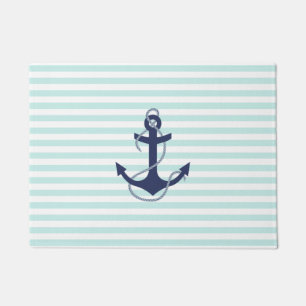 Nautical Aqua & White Stripes Navy Blue Anchor Deurmat