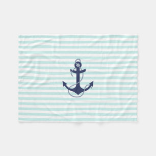 Nautical Aqua & White Stripes Navy Blue Anchor Fleece Deken