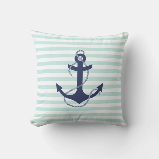 Nautical Aqua & White Stripes Navy Blue Anchor Kussen (Voorkant)
