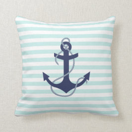 Nautical Aqua & White Stripes Navy Blue Anchor Kussen
