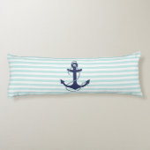 Nautical Aqua & White Stripes Navy Blue Anchor Lichaamskussen (Achterkant)