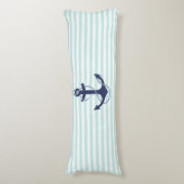 Nautical Aqua & White Stripes Navy Blue Anchor Lichaamskussen (Voorkant Verticaal)