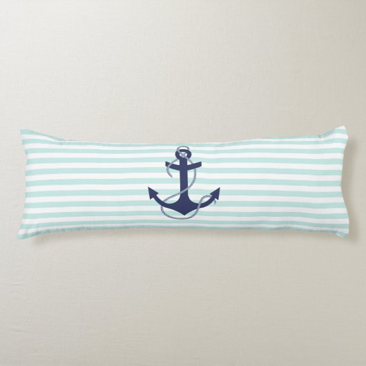 Nautical Aqua & White Stripes Navy Blue Anchor Lichaamskussen (Voorkant)