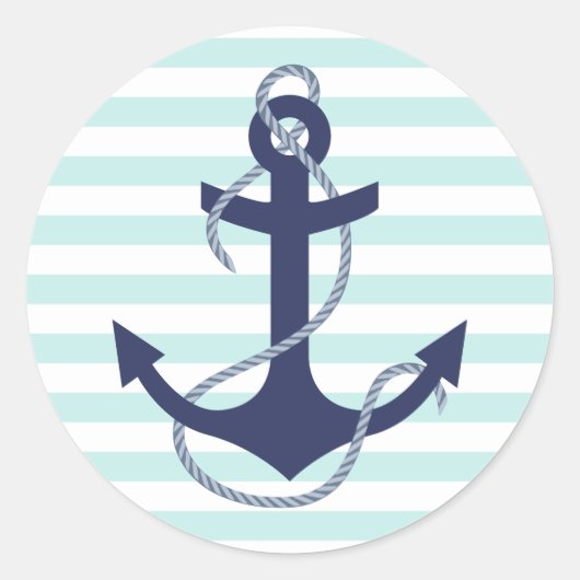 Nautical Aqua & White Stripes Navy Blue Anchor Ronde Sticker (Voorkant)