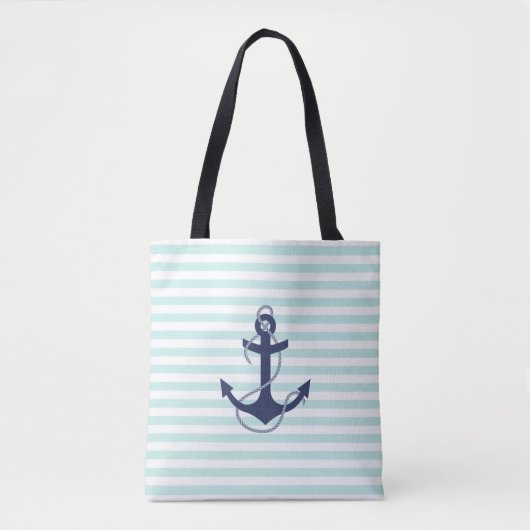 Nautical Aqua & White Stripes Navy Blue Anchor Tote Bag (Voorkant)