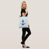 Nautical Aqua & White Stripes Navy Blue Anchor Tote Bag (Op model)