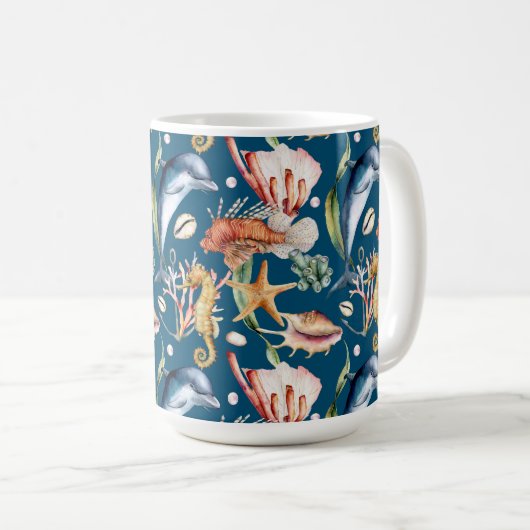 Nautical Aquatic Life Pattern / Blue Coffee Mok (Voorkant rechts)