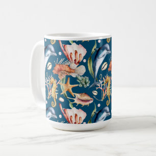 Nautical Aquatic Life Pattern / Blue Coffee Mok