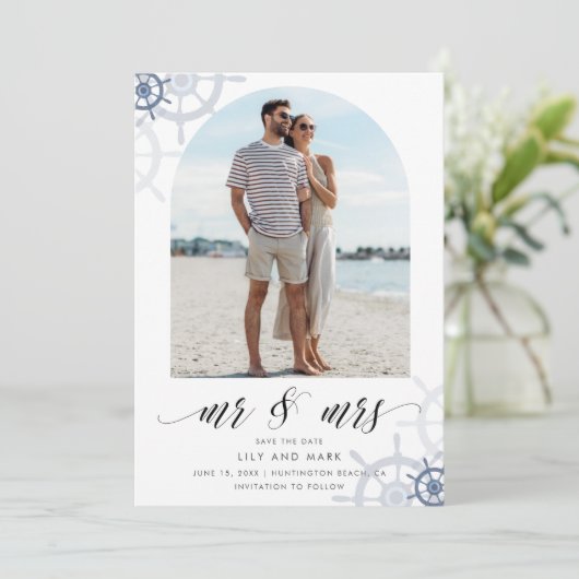 Nautical Arch Photo Elegant Wedding Save the Date (Staand voorkant)