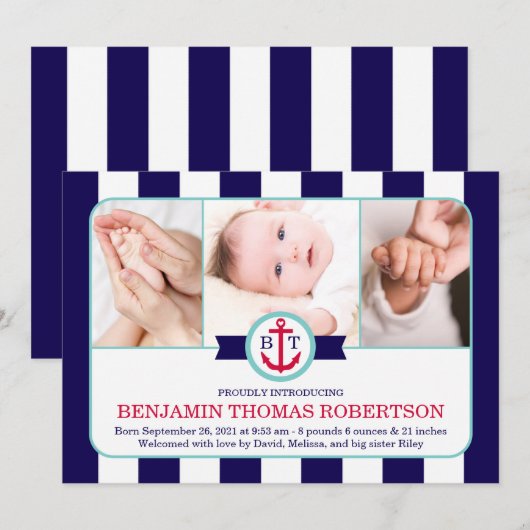 Nautical Baby Birth koninklijke aankondiging (Voorkant / Achterkant)