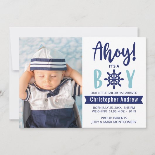 Nautical Baby Birth Photo Ahoy is A Boy Blue Aankondiging (Voorkant)
