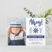 Nautical Baby Birth Photo Ahoy is A Boy Blue Aankondiging (Staand voorkant)