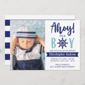 Nautical Baby Birth Photo Ahoy is A Boy Blue Aankondiging (Voorkant / Achterkant)