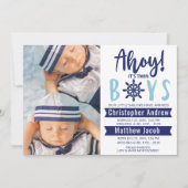 Nautical Baby Birth Photo Ahoy is Twin Boys Anno Aankondiging (Voorkant)