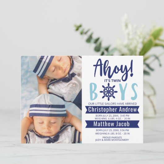 Nautical Baby Birth Photo Ahoy is Twin Boys Anno Aankondiging (Staand voorkant)