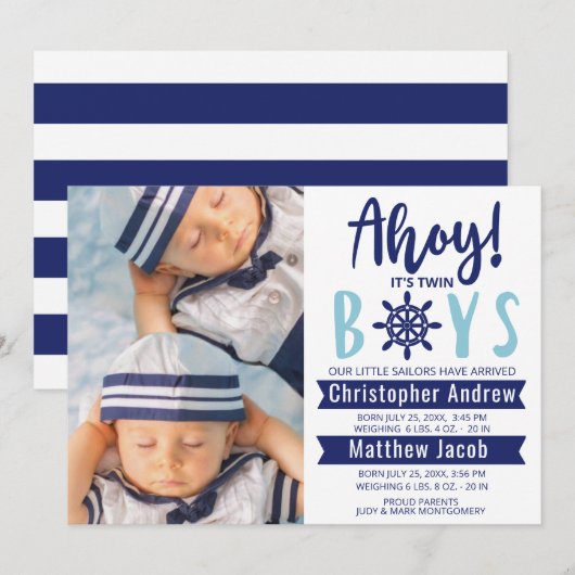 Nautical Baby Birth Photo Ahoy is Twin Boys Anno Aankondiging (Voorkant / Achterkant)