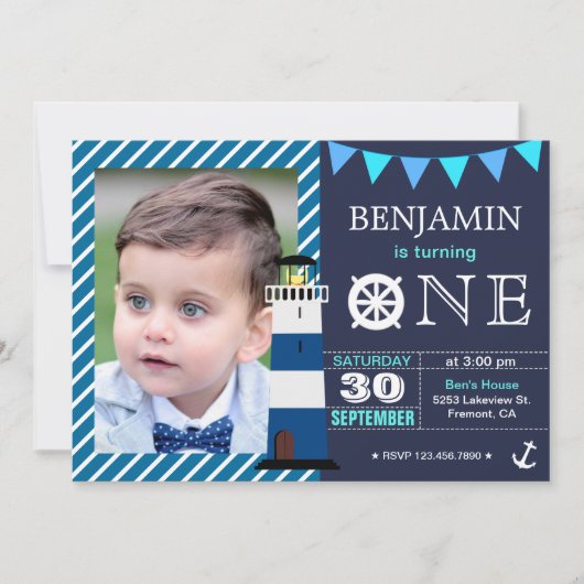 Nautical Baby Boy 1st Birthday Party Uitnodiging (Voorkant)