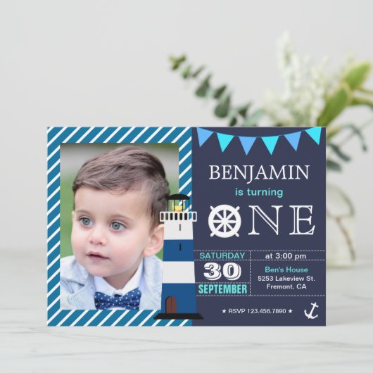 Nautical Baby Boy 1st Birthday Party Uitnodiging (Staand voorkant)