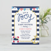 Nautical Baby Boy Shower Gold Anchor Navy Stripes Kaart (Staand voorkant)