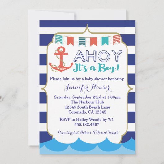 Nautical Baby Boy Shower Invitation Navy Blue Kaart (Voorkant)