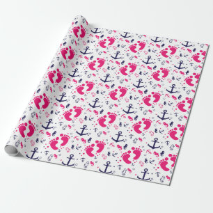 Nautical baby girl roze, marineblauw cadeaupapier