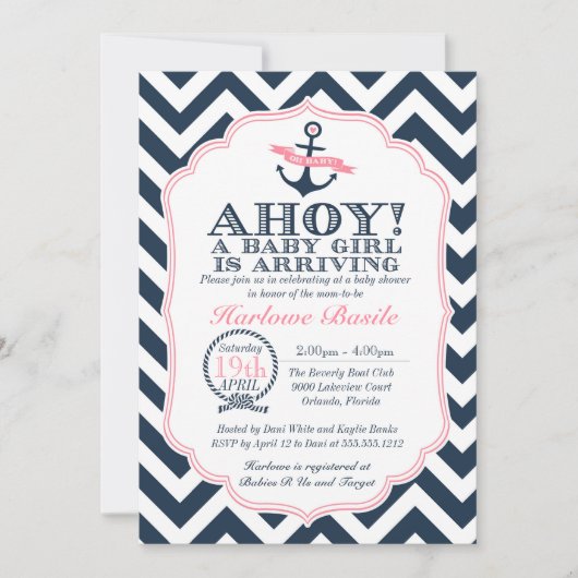 Nautical Baby Girl Shower Invitation chevron Kaart (Voorkant)
