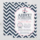 Nautical Baby Girl Shower Invitation chevron Kaart (Voorkant / Achterkant)