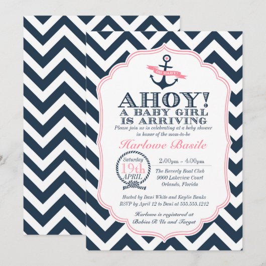 Nautical Baby Girl Shower Invitation chevron Kaart (Voorkant / Achterkant)