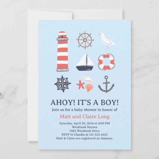 Nautical Baby shower Invitation Ahoy Het is een jo Kaart (Voorkant)
