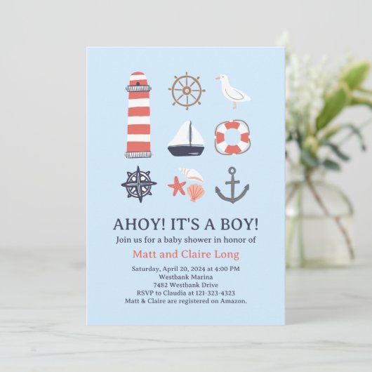 Nautical Baby shower Invitation Ahoy Het is een jo Kaart (Staand voorkant)