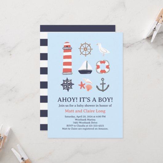 Nautical Baby shower Invitation Ahoy Het is een jo Kaart (Voorkant / Achterkant in situ)