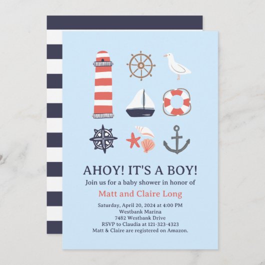 Nautical Baby shower Invitation Ahoy Het is een jo Kaart (Voorkant / Achterkant)