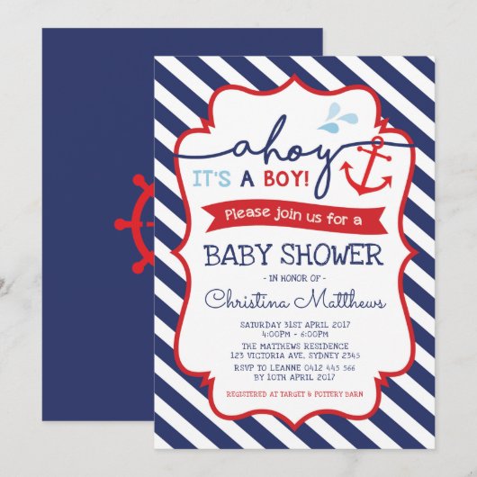 Nautical Baby shower Invitation Ahoy Het is een jo Kaart (Voorkant / Achterkant)
