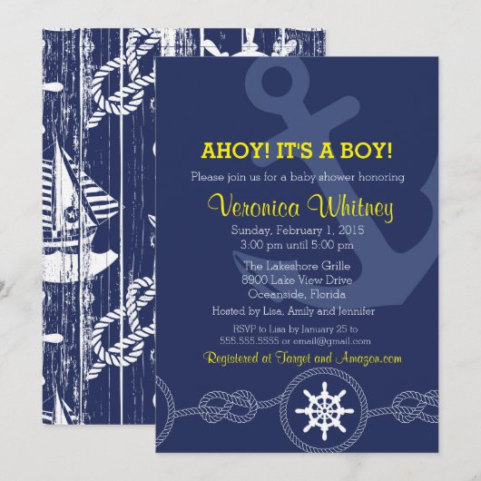 Nautical Baby shower Invitation, Ahoy! Het is een  Kaart (Voorkant / Achterkant)